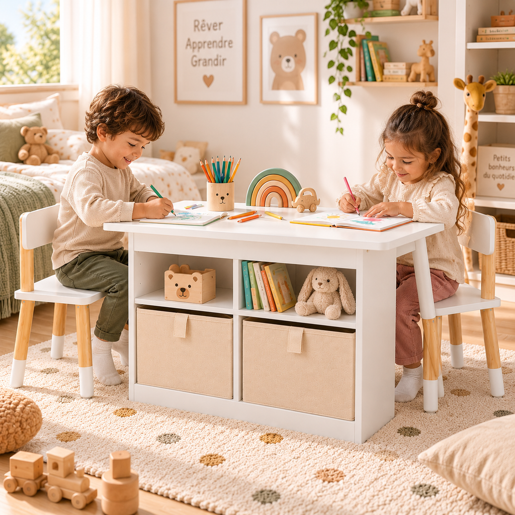 Le Petit Chapitre table enfant avec 2 chaises et rangements intégrés utilisée par deux enfants pour dessiner et jouer