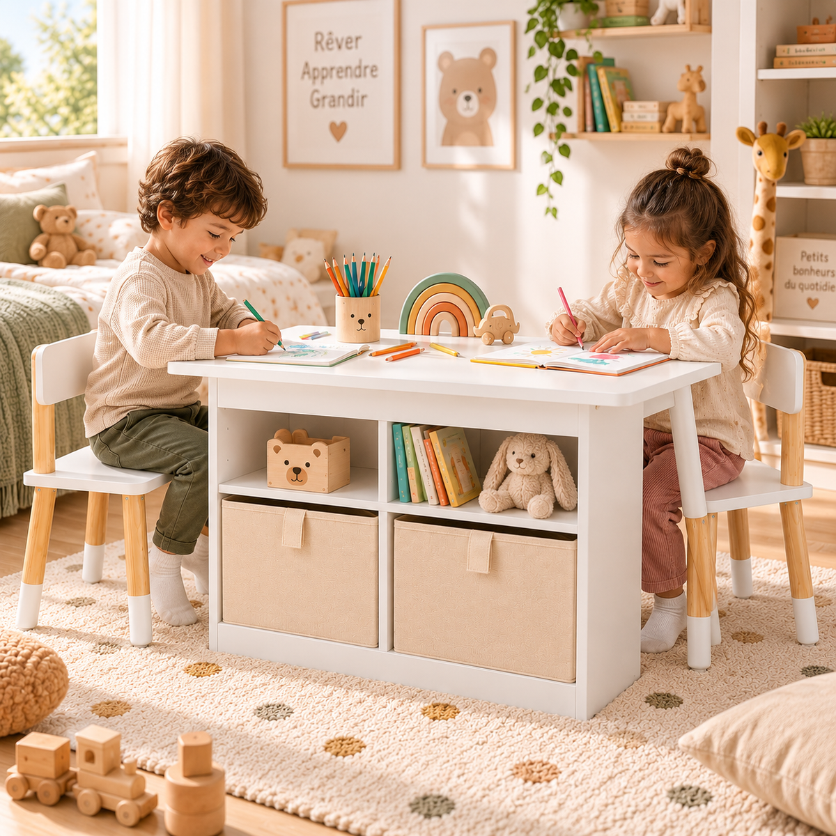 Le Petit Chapitre table enfant avec 2 chaises et rangements intégrés utilisée par deux enfants pour dessiner et jouer