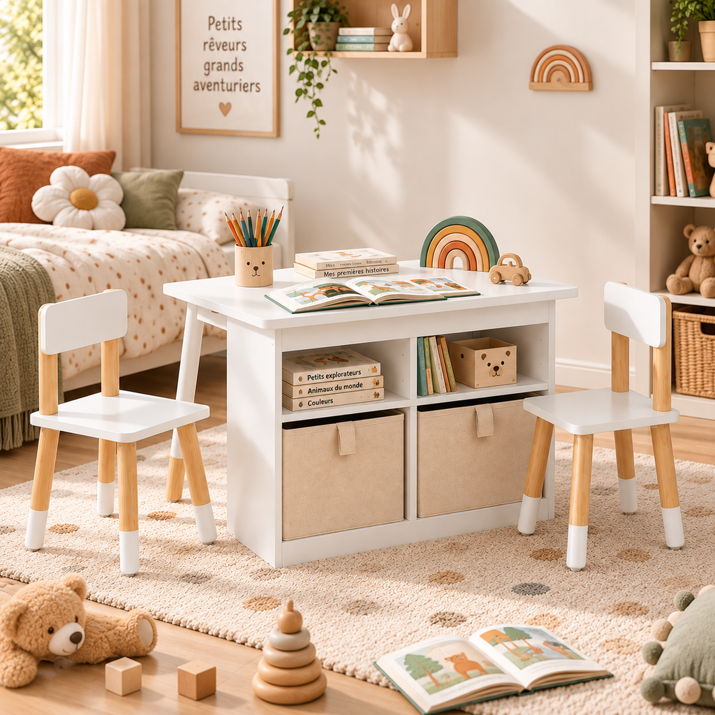 Le Petit Chapitre table enfant avec 2 chaises et rangements intégrés dans une chambre d’enfant