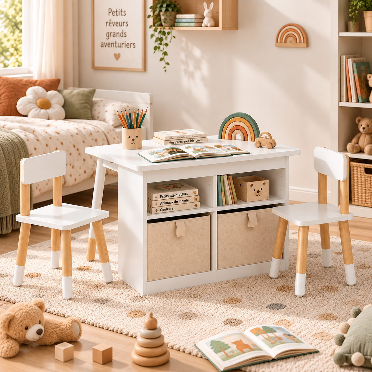 Le Petit Chapitre table enfant avec 2 chaises et rangements intégrés dans une chambre d’enfant