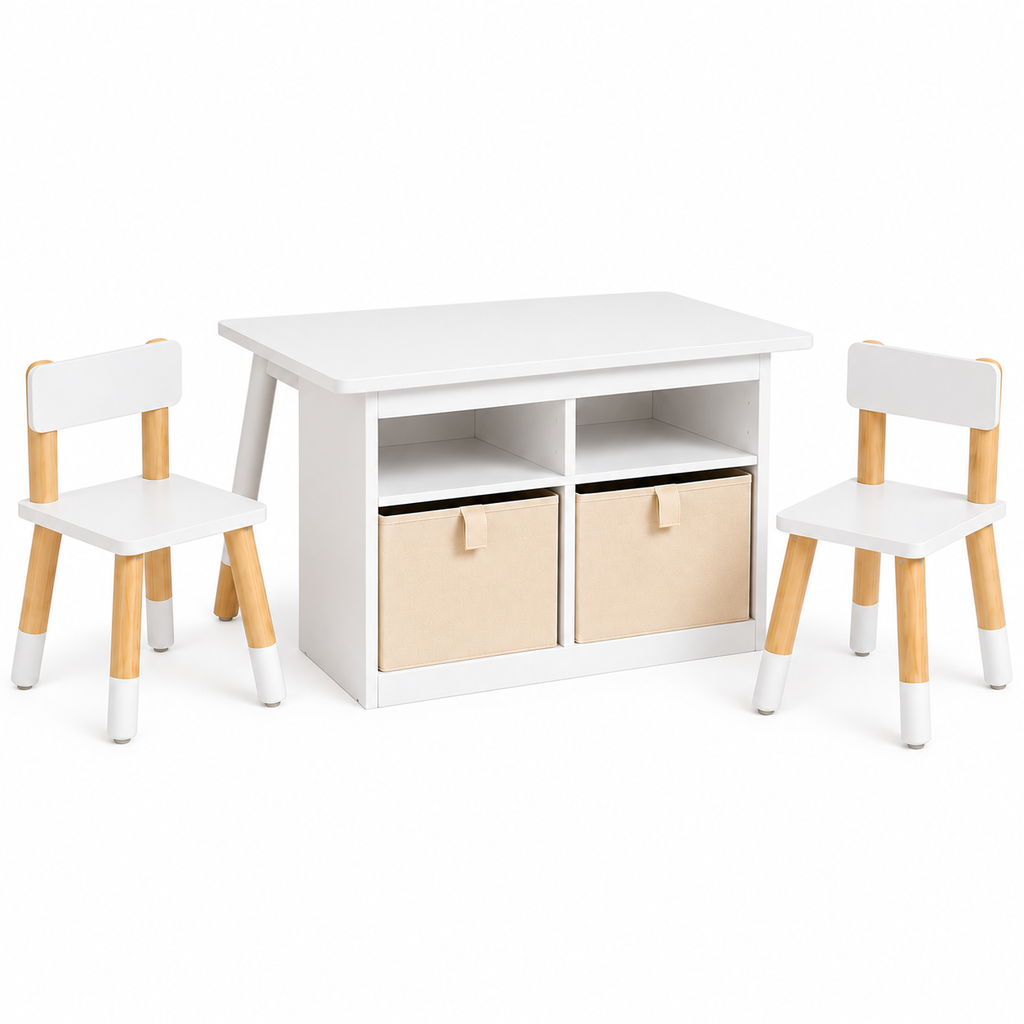 Le Petit Chapitre table enfant avec 2 chaises et rangement intégré blanc et bois naturel sur fond blanc