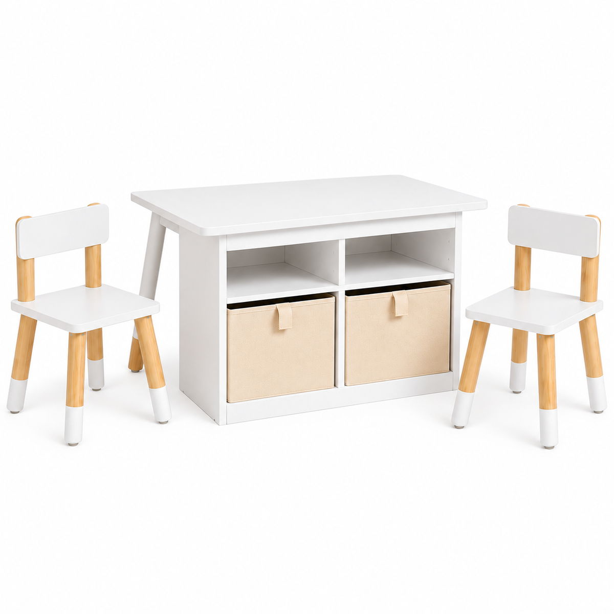 Le Petit Chapitre table enfant avec 2 chaises et rangement intégré blanc et bois naturel sur fond blanc