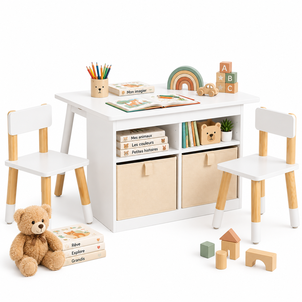 Le Petit Chapitre table enfant avec 2 chaises, rangement intégré, livres, jouets et accessoires sur fond blanc