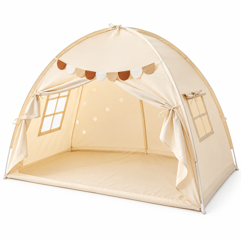 Tente cabane enfant beige avec fenêtres et ouverture frontale pour coin lecture et jeux sur fond blanc