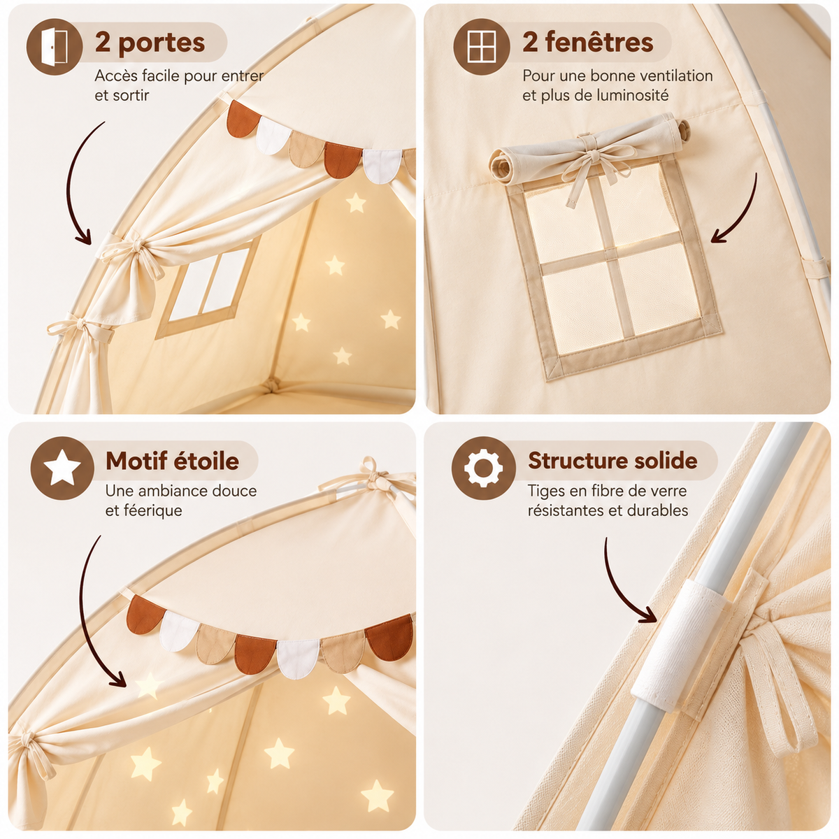 Caractéristiques de la tente enfant avec deux portes, deux fenêtres, motif étoile et structure en fibre de verre