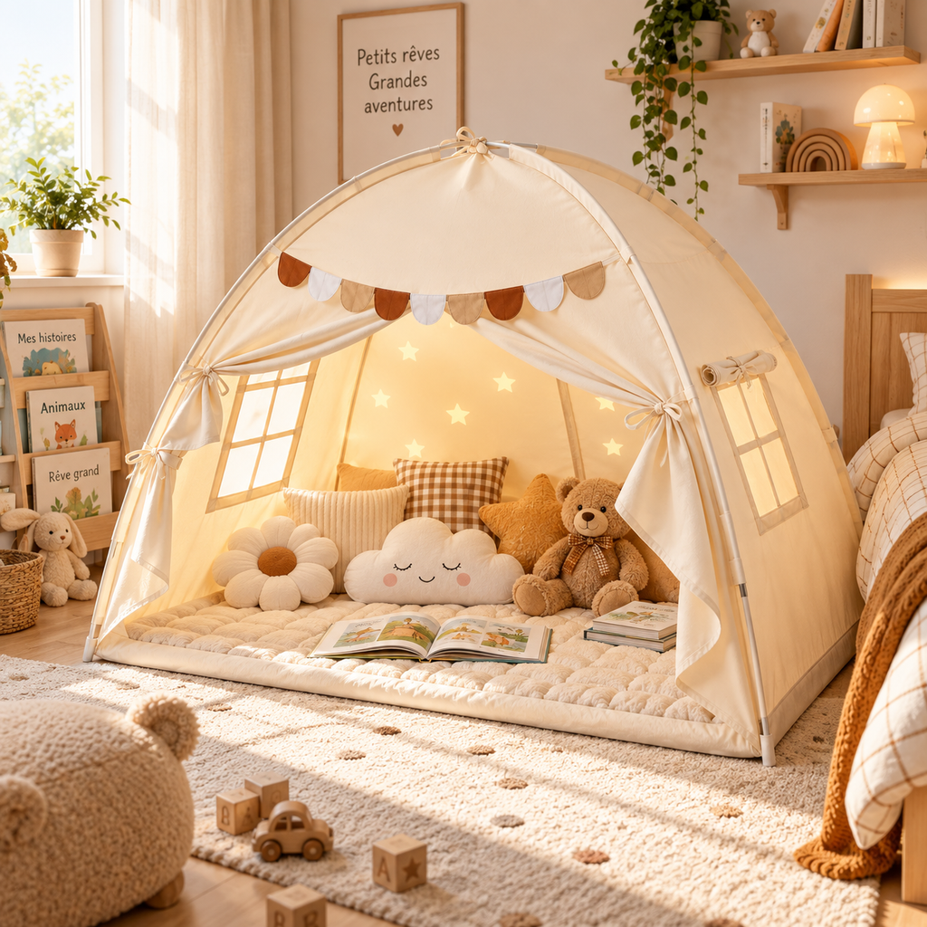 Tente enfant beige aménagée en coin lecture et jeux dans une chambre d’enfant chaleureuse