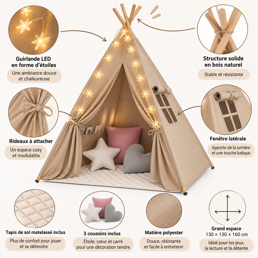 Petit Chapitre – Tente tipi enfant avec tapis matelassé, 3 coussins, guirlande LED et structure en bois