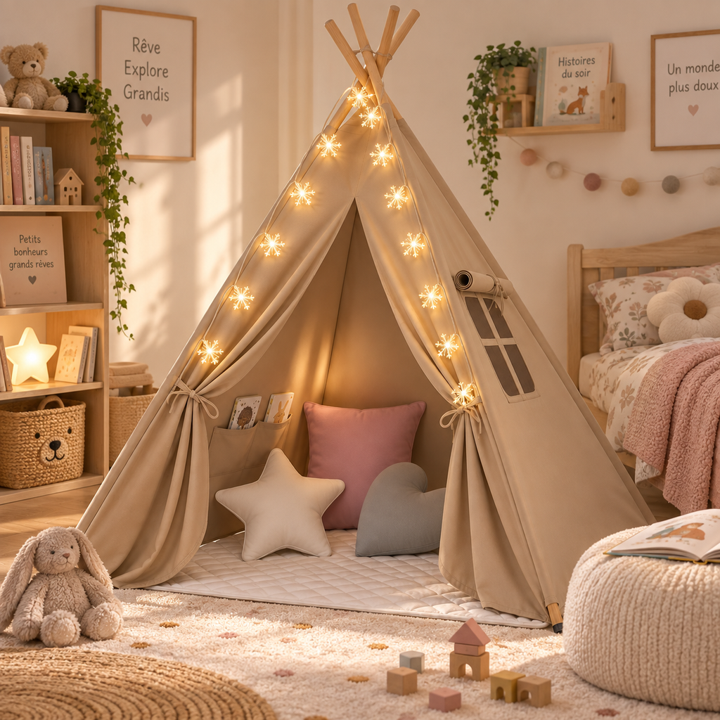 Petit Chapitre – Tente tipi enfant beige avec tapis, coussins et guirlande lumineuse dans une chambre d’enfant
