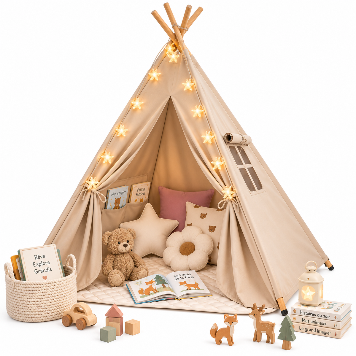 Petit Chapitre – Tente tipi enfant beige avec livres, jouets, coussins et accessoires sur fond blanc