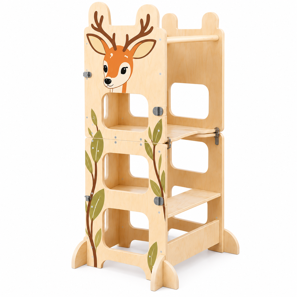Tour d’apprentissage Montessori 3-en-1 en bois naturel modèle Cerf avec plusieurs niveaux de marche