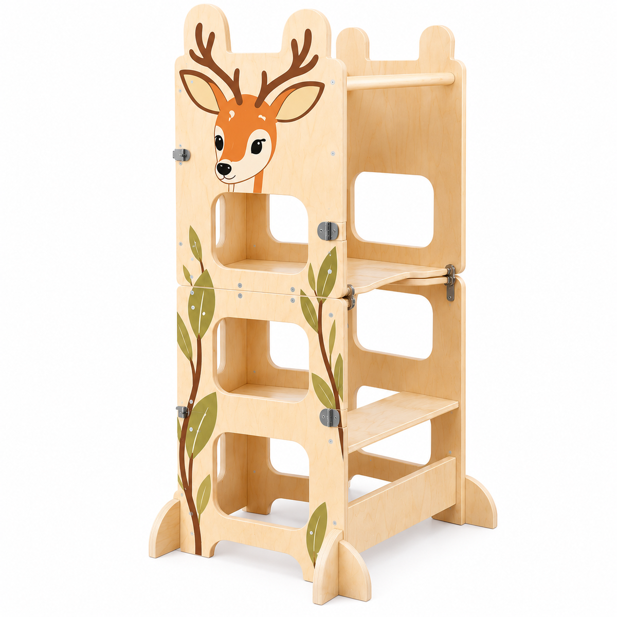 Tour d’apprentissage Montessori 3-en-1 en bois naturel modèle Cerf avec plusieurs niveaux de marche