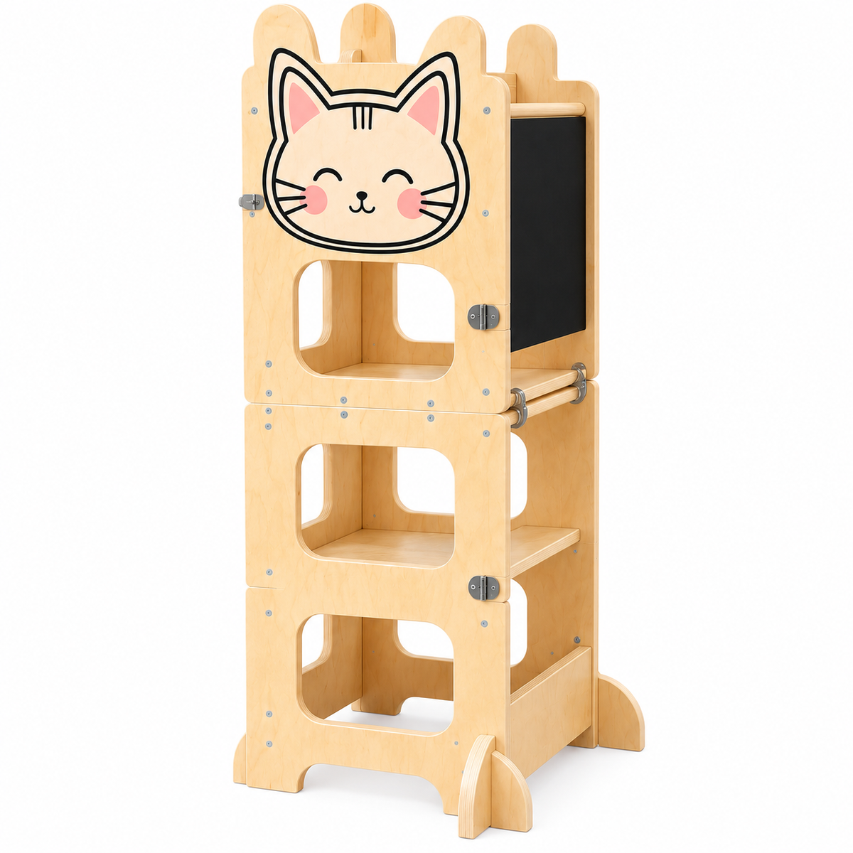 Tour d’apprentissage Montessori 3-en-1 en bois naturel modèle Chat avec tableau noir intégré
