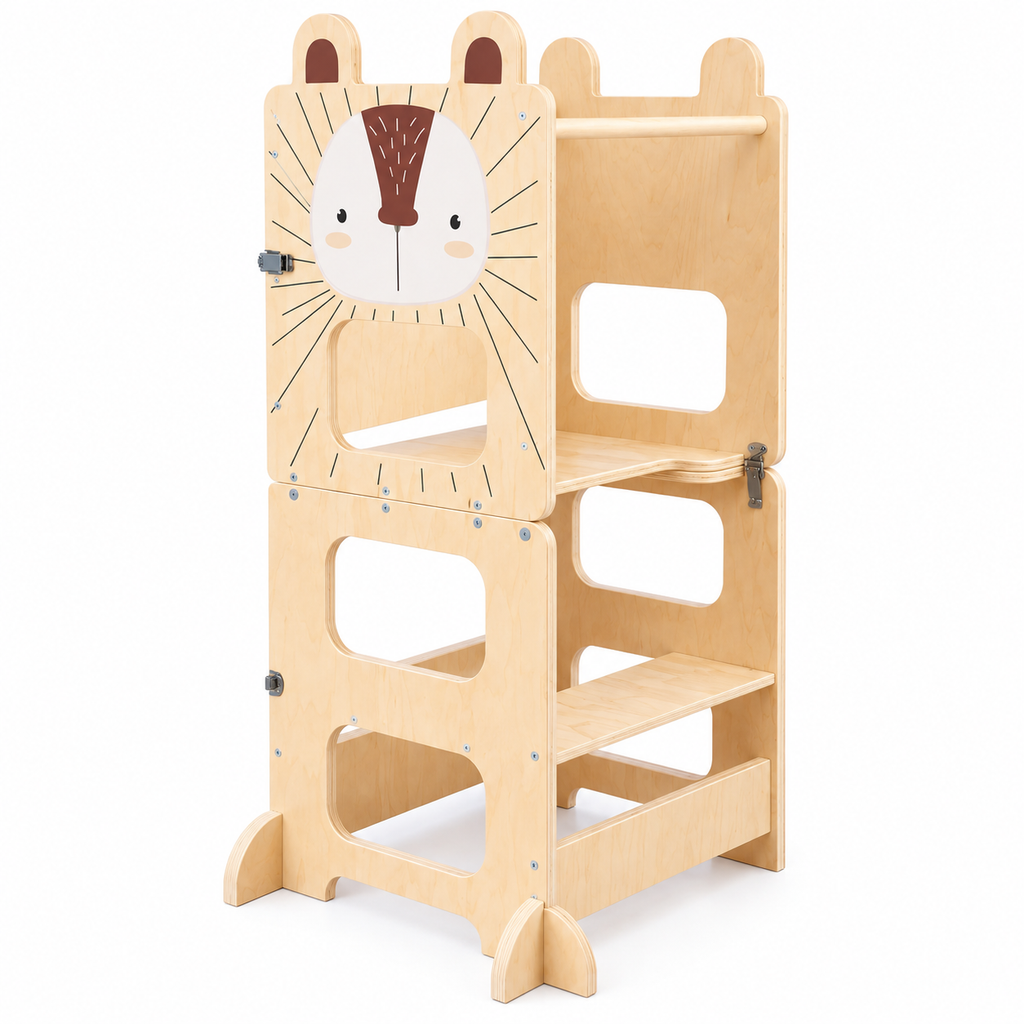 Tour d’apprentissage Montessori 3-en-1 en bois naturel modèle Hérisson avec plusieurs niveaux de marche