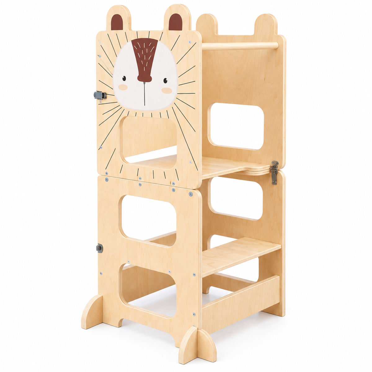 Tour d’apprentissage Montessori 3-en-1 en bois naturel modèle Hérisson avec plusieurs niveaux de marche