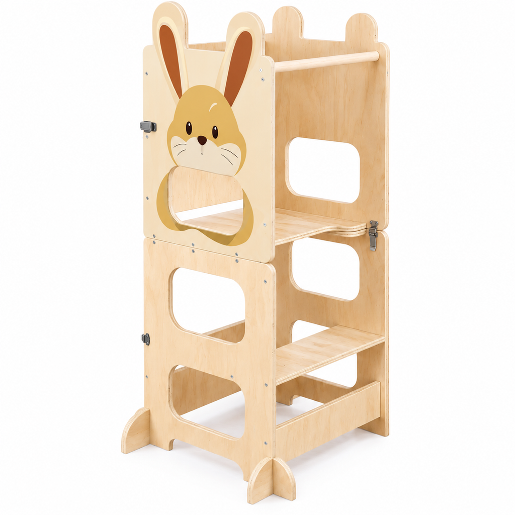 Tour d’apprentissage Montessori 3-en-1 en bois naturel modèle Lapin avec plusieurs niveaux de marche
