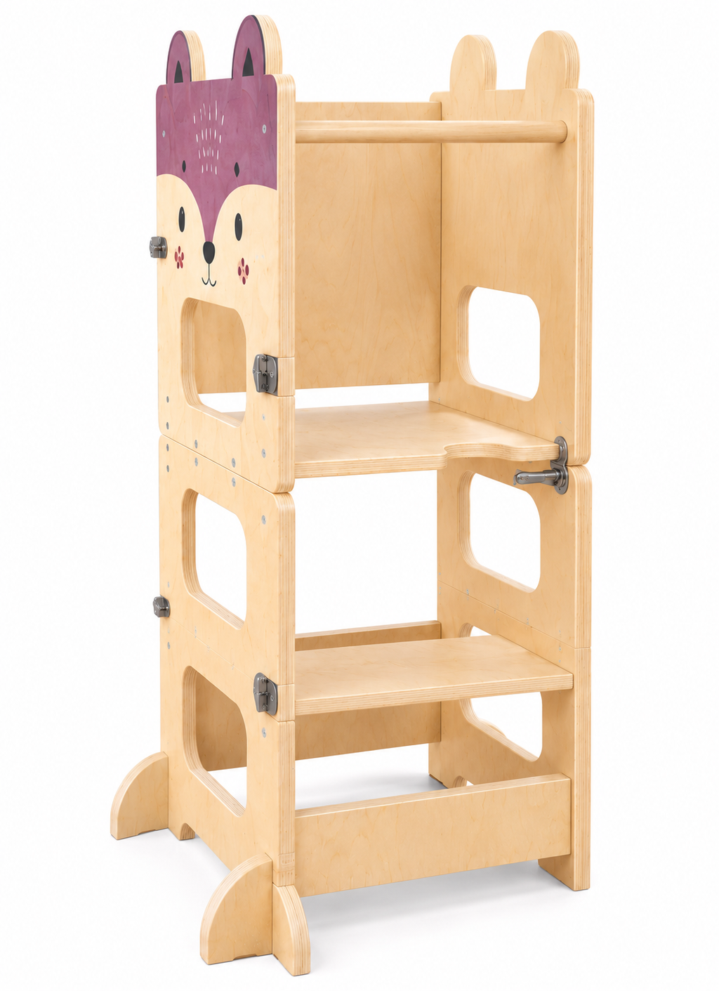 Tour d’apprentissage Montessori 3-en-1 en bois naturel modèle Renard avec plusieurs niveaux de marche