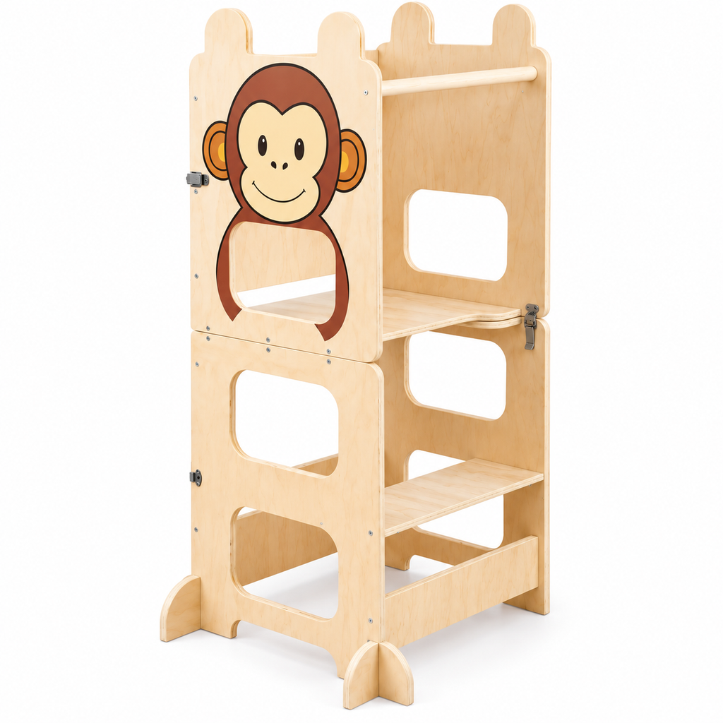 Tour d’apprentissage Montessori 3-en-1 en bois naturel modèle Singe avec plusieurs niveaux de marche
