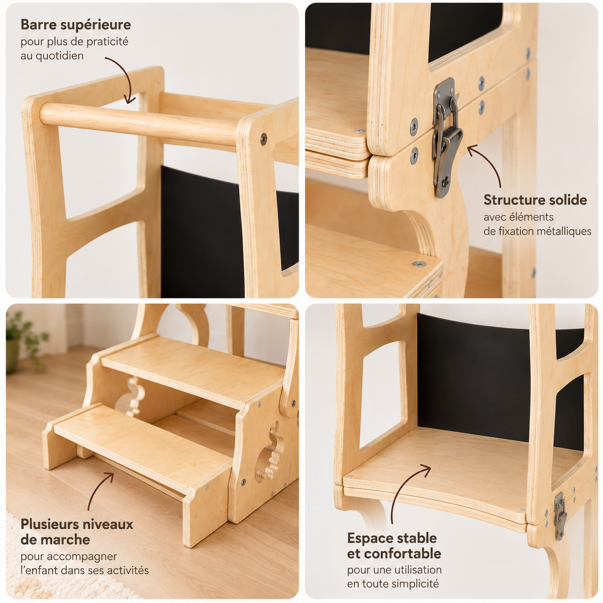 Caractéristiques de la tour d’apprentissage Montessori 3-en-1 avec barre supérieure, plusieurs niveaux de marche et structure en bois