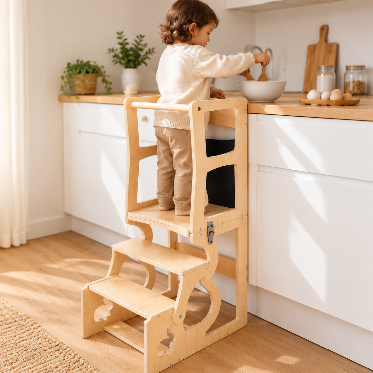 Enfant utilisant la tour d’apprentissage Montessori 3-en-1 en bois pour participer à une activité en cuisine