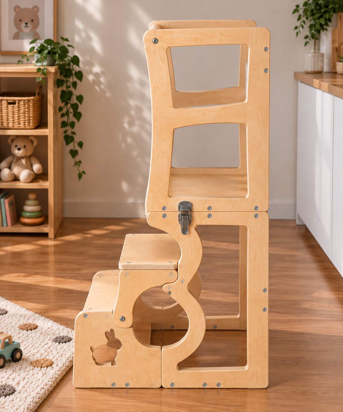 Tour d’apprentissage Montessori 3-en-1 en bois naturel avec marchepied réglable pour enfant