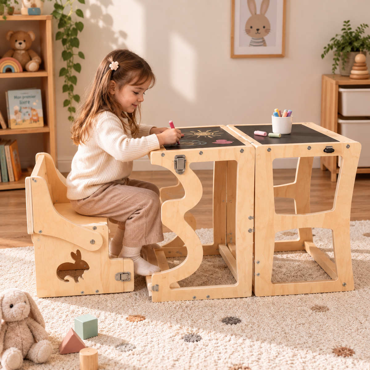Enfant dessinant sur le tableau noir de la tour d’apprentissage Montessori 3-en-1 transformée en table et chaise